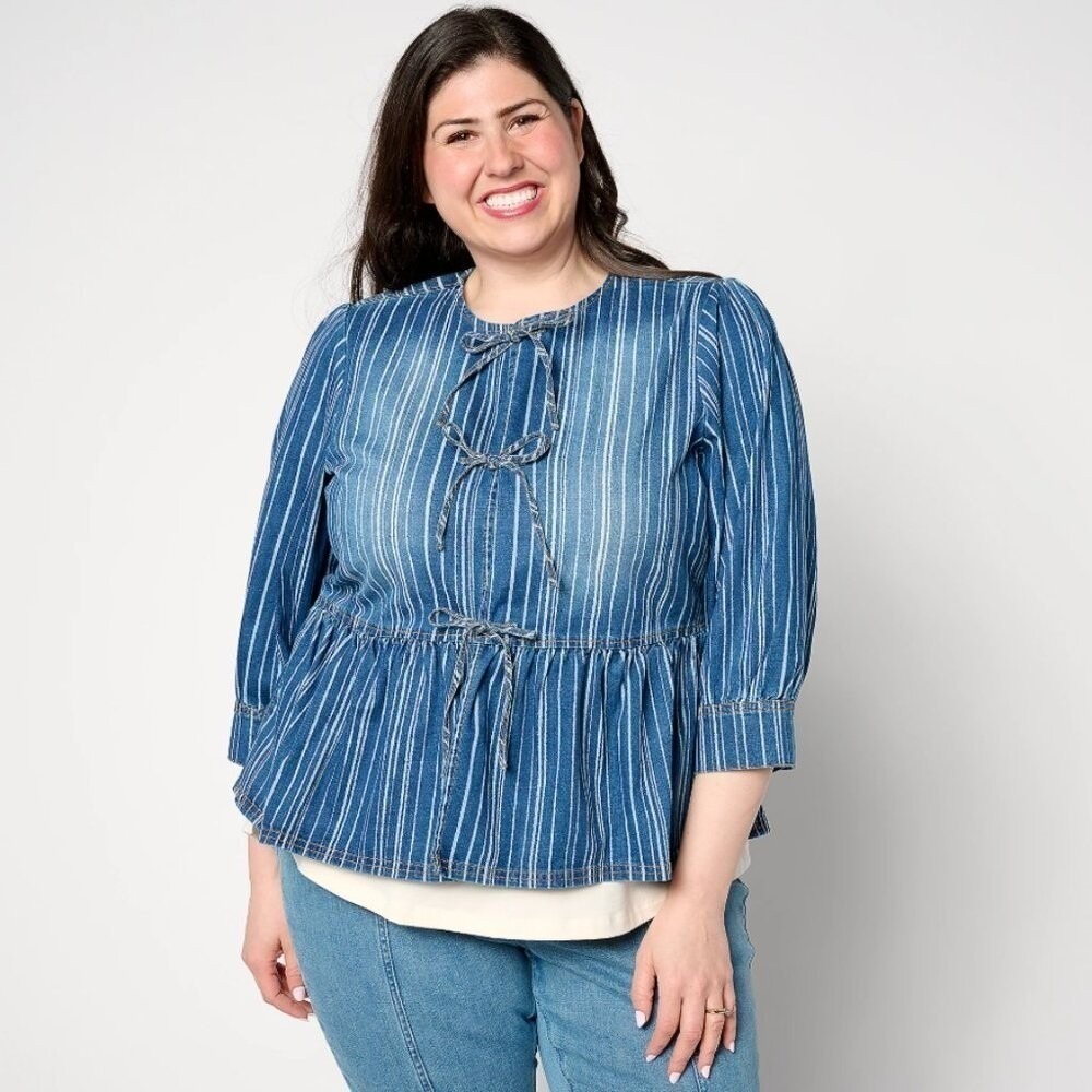 LOGO by Lori Goldstein size‎ 16 Pinstripe Tie Front Peplum Feminine Denim Jacket